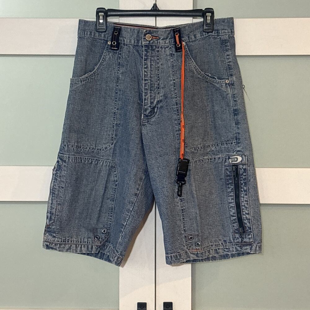 Vtg Y2k Paco Jeans Denim Ripstop Shorts Sz 32 Wide Leg Baggy w/ Strap Hip Hop
